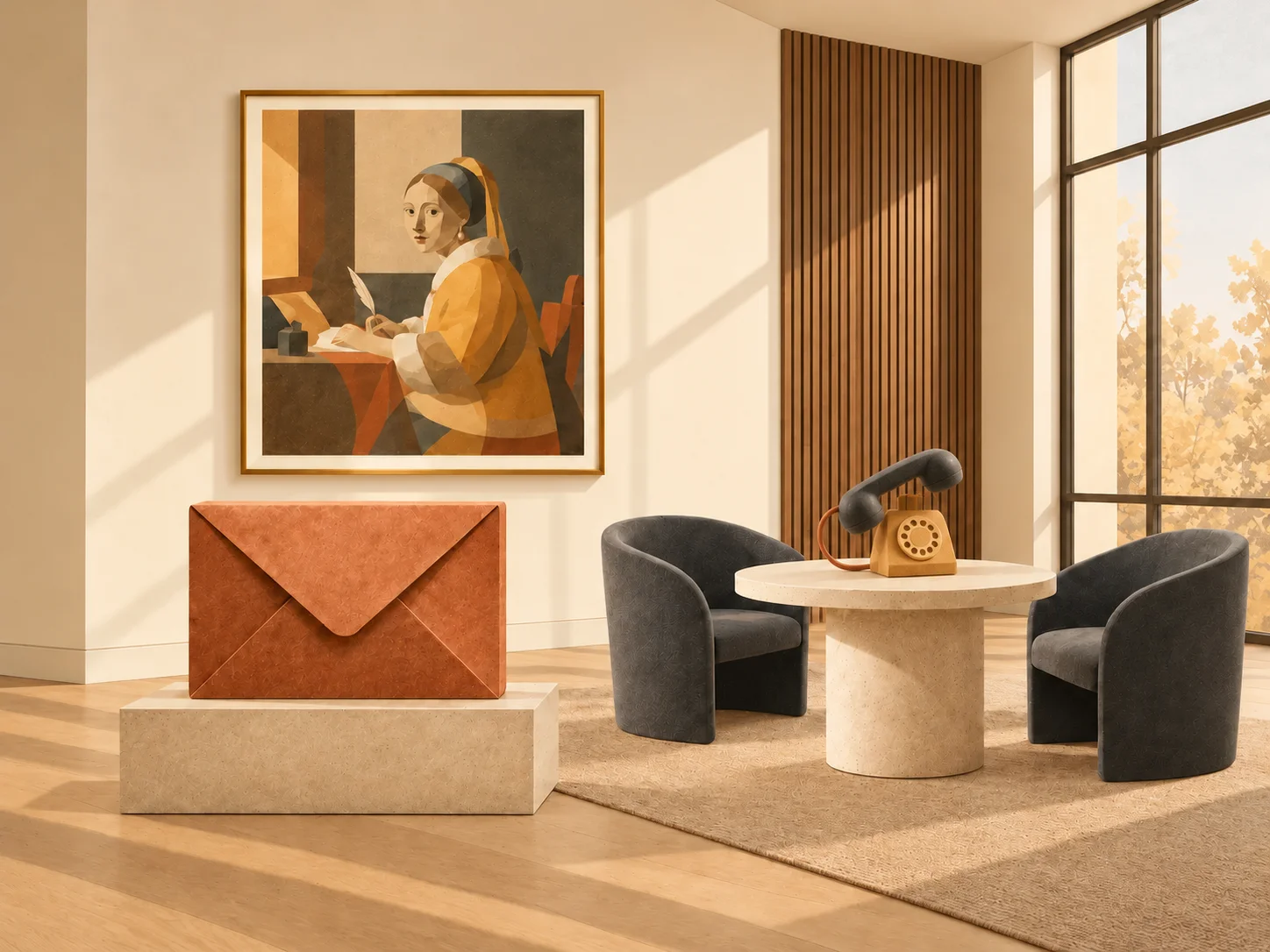Gallery illustration with a letter-writing painting, a terracotta envelope, and a telephone sculpture on a round table between two chairs